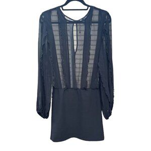 ZARA NWOT Chiffon Ruffled Black Mini Dress Long Sleeve Round Neck Size Medium